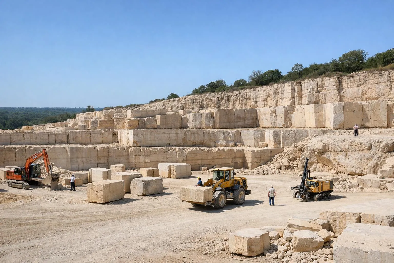 Carrière de pierre avec équipement de construction sur le site.