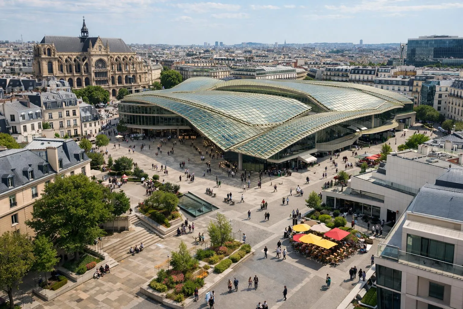 Panorama de la ville de Paris avec la cathédrale Notre-Dame et le centre commercial Beaubourg.