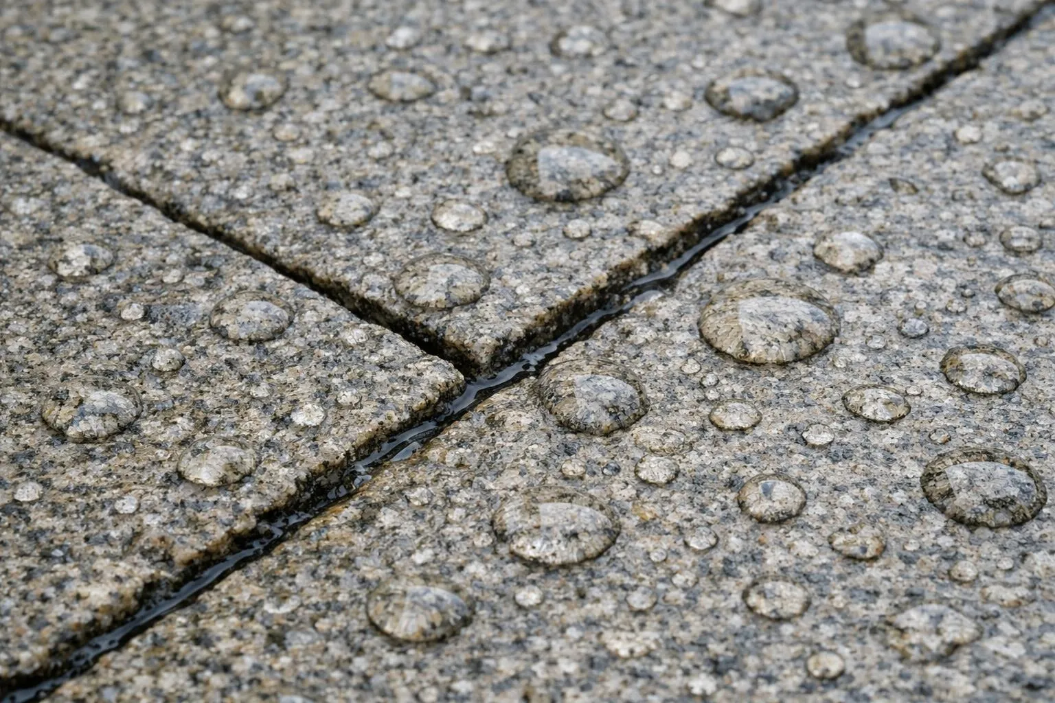 Gouttes d'eau sur une surface de pierre grise.