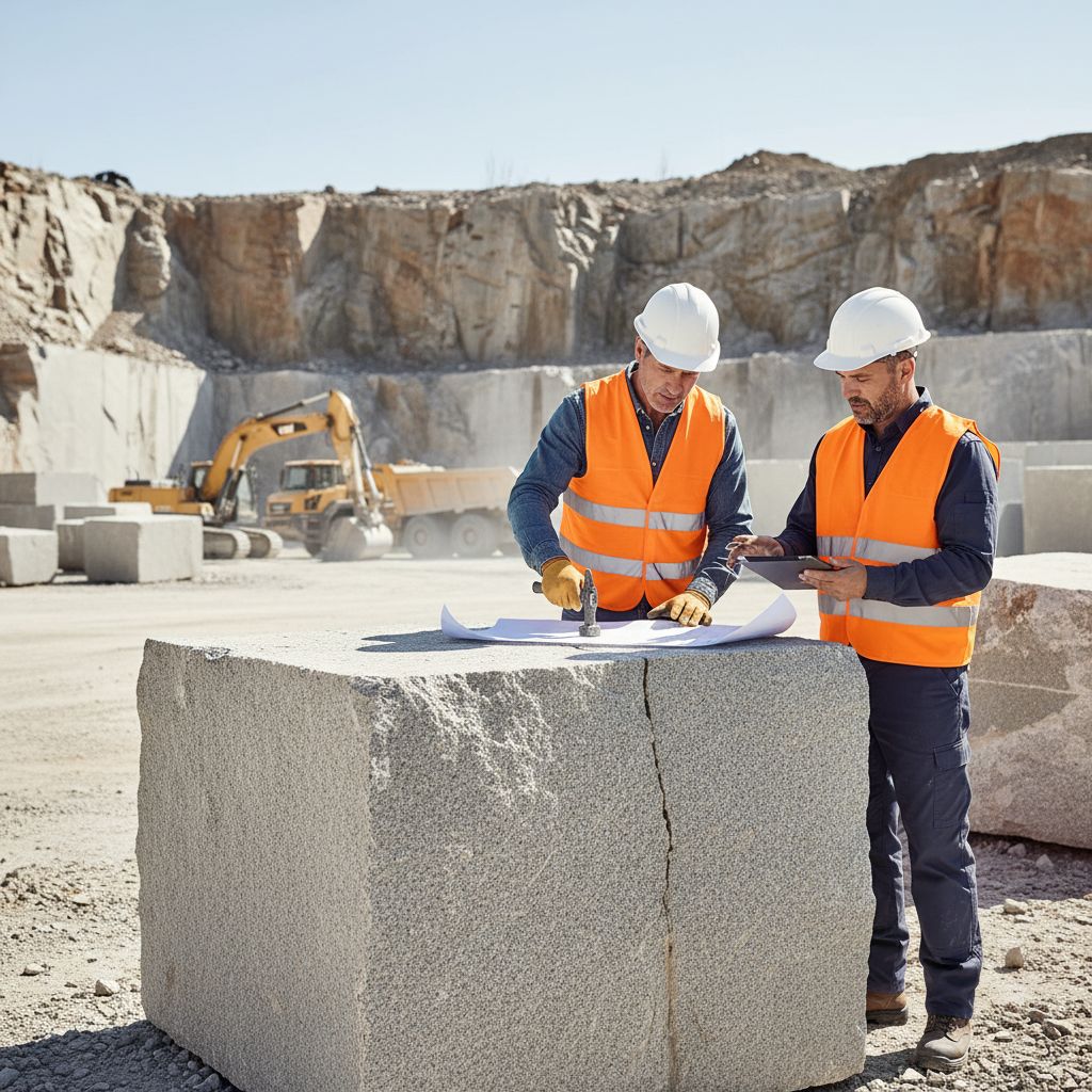 Deux ouvriers dans une carrière inspectant un grand bloc de granit brut sous une lumière vive, portant des casques et gilets de sécurité.
