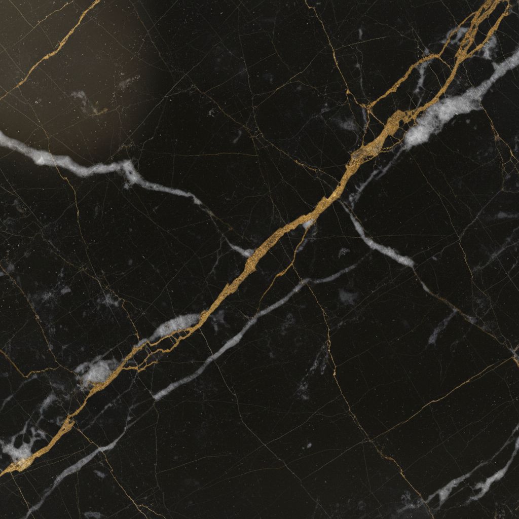 Gros plan sur une tranche de marbre noir avec des veines blanches et dorées spectaculaires, mettant en valeur la texture et le luxe de la pierre naturelle.