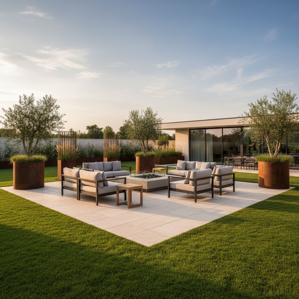 Une terrasse de jardin luxueuse et spacieuse, pavée de grandes dalles de pierre naturelle de couleur crème, entourée d