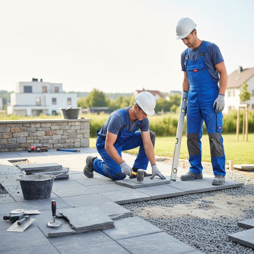Deux ouvriers en tenue de travail bleue posant méticuleusement de grandes dalles de pierre grise sur une terrasse en construction, avec des outils et du matériel de pose visibles autour d