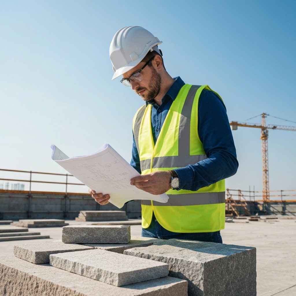 Architecte examinant des échantillons de pierre naturelle sur un grand chantier de construction avec un plan technique