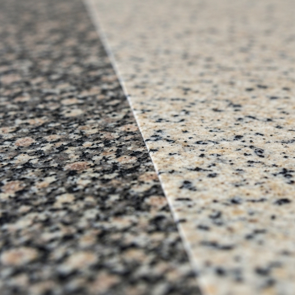 Close-up of different natural stone finishes textures like flamed, bushammered and polished granite