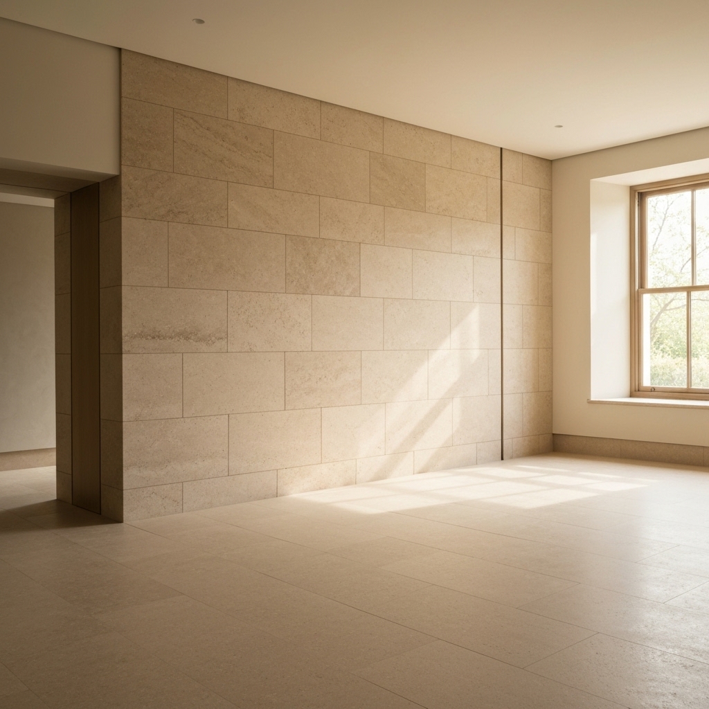 Luxurious modern living room featuring white marble flooring and beige stone wall cladding with natural light