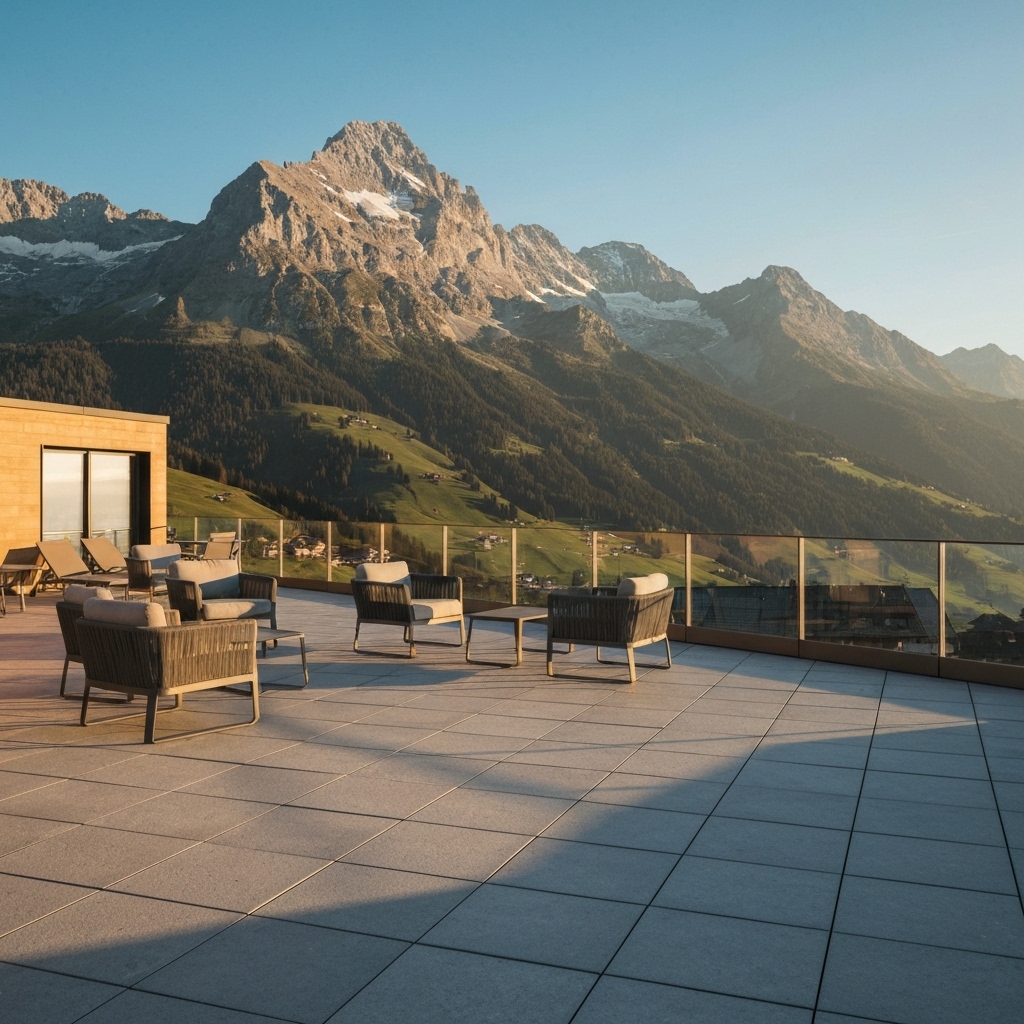 Luxurious terrace in Switzerland made of grey granite tiles with a view of the Alps, modern furniture, sunny day