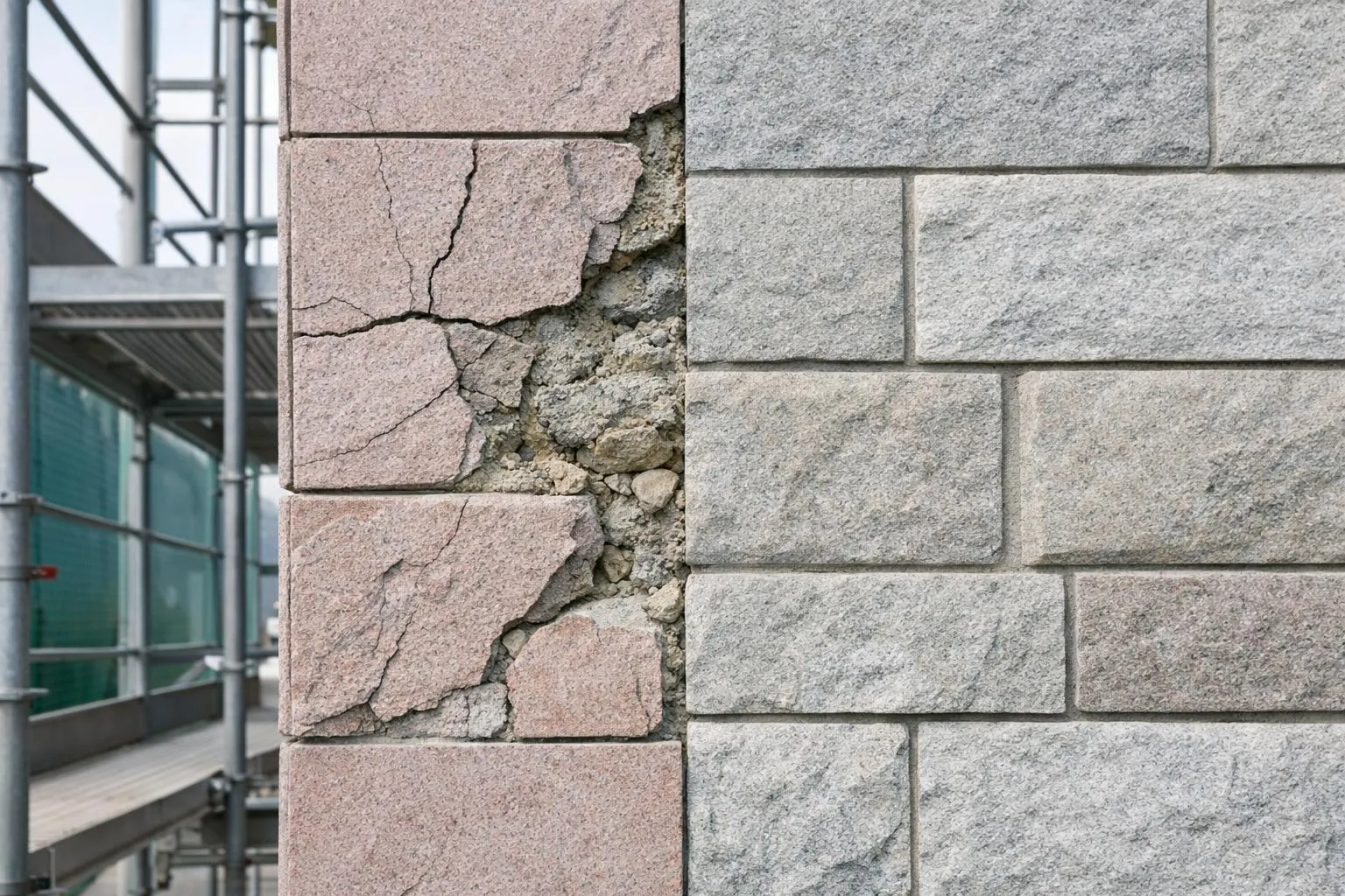 Close-up of damaged stone facade showing cracks and deterioration from improper material selection, contrasted with intact quality natural stone section, professional construction setting in Switzerland, realistic documentation style without any text or labels