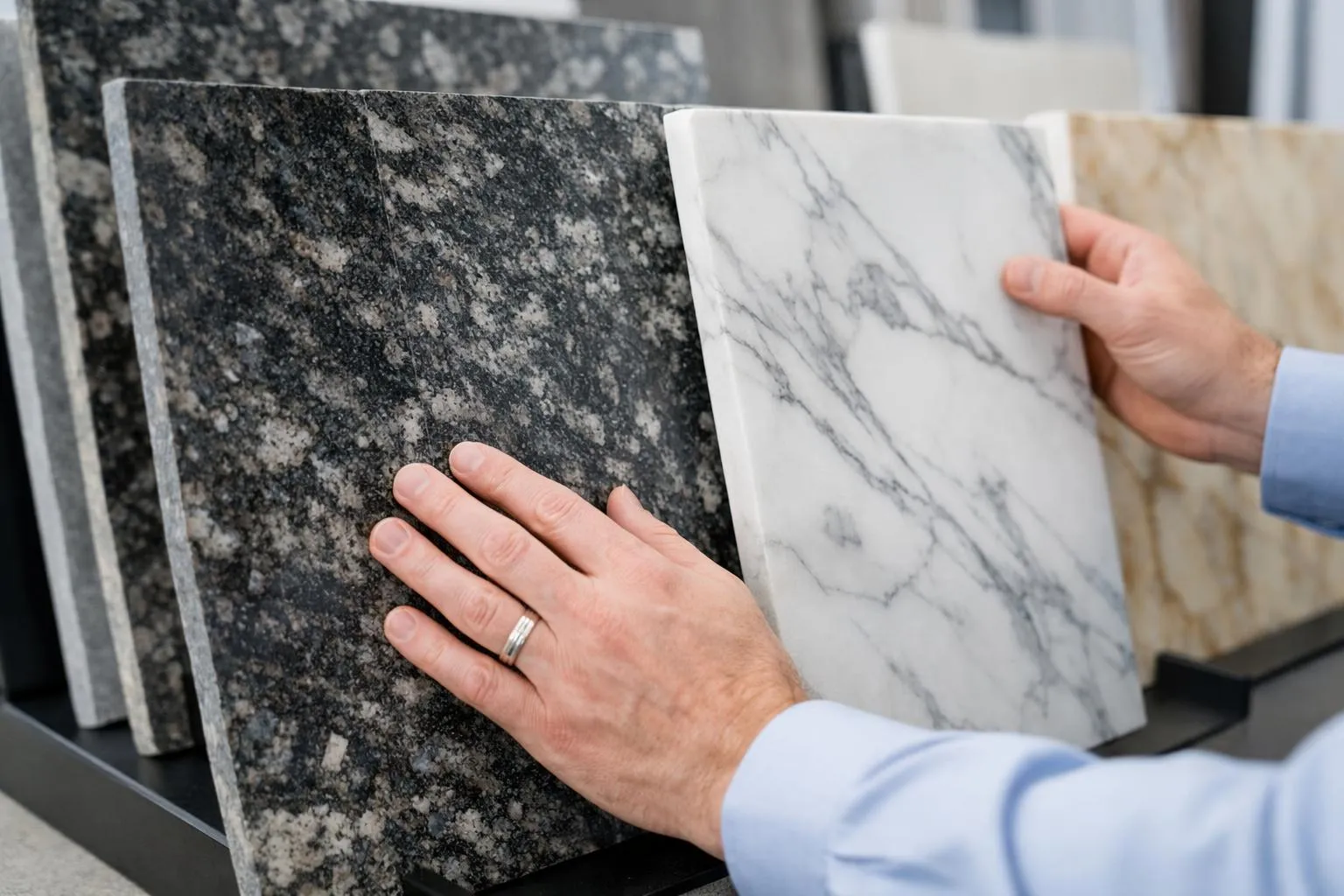 Close-up view of hands carefully inspecting natural stone slabs with visible unique veining patterns and color variations in a Swiss stone warehouse showroom, showing the tactile quality assessment of premium granite and marble materials for residential renovation projects