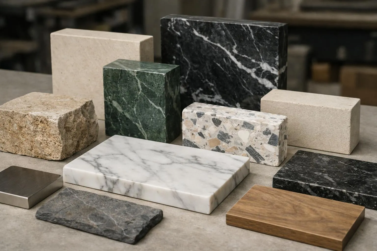 Assortiment professionnel de pierres naturelles et matériaux de construction disposés sur une surface de travail, montrant granit gris poli, calcaire beige texturé, marbre blanc veiné, argile terracotta, et bois brut, avec éclairage d'atelier mettant en valeur les textures et nuances de chaque matériau