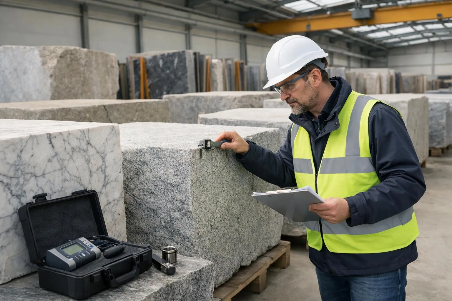 Professional quality control inspector examining large slabs of natural stone (granite, marble) in a modern Swiss warehouse facility with organized stone inventory and inspection equipment