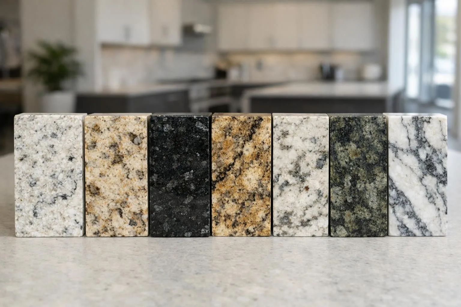 Close-up view of seven different granite kitchen countertop samples arranged side by side, showing variety of colors from white to black to exotic blue and green, each slab displaying unique natural patterns and crystalline textures under natural lighting in a modern showroom setting