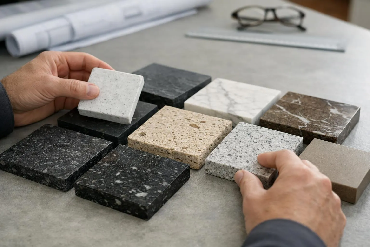 Close-up of natural stone samples displayed side by side with composite material samples on a professional work surface, showing textures and grain patterns of granite, marble and engineered stone, Swiss construction setting with architect's hands examining materials, natural daylight highlighting surface differences