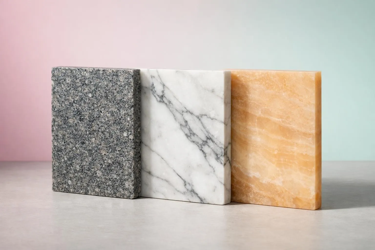Trois échantillons rectangulaires de pierre naturelle alignés sur surface claire: granit gris à cristaux scintillants, marbre blanc à veines grises élégantes, onyx translucide beige veiné d'orange, éclairage latéral accentuant textures contrastées, aucune main visible, aucun texte, étiquette ou logo
