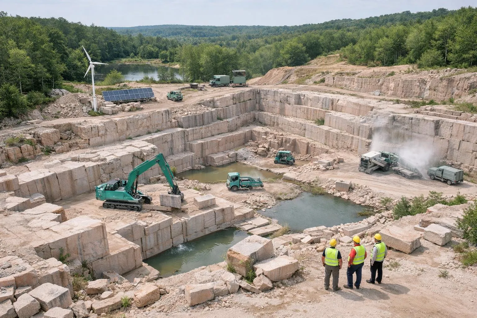 Vue aérienne d'une carrière de pierre naturelle moderne avec zones de végétation préservées, équipements de découpe respectueux de l'environnement, bassins de récupération d'eau, et ouvriers portant équipements de sécurité conformes aux normes internationales de durabilité