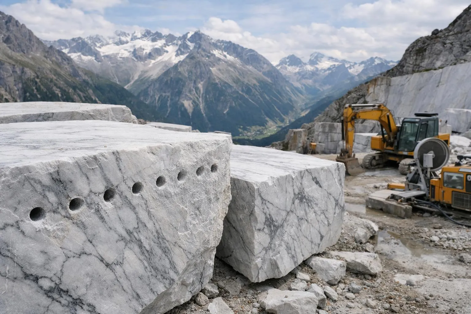 Close-up of white Cristallina marble blocks with grey veining being extracted from an alpine quarry, showing natural stone texture and Swiss mountain landscape in background, raw uncut marble surface with precision drilling marks, professional quarry equipment visible