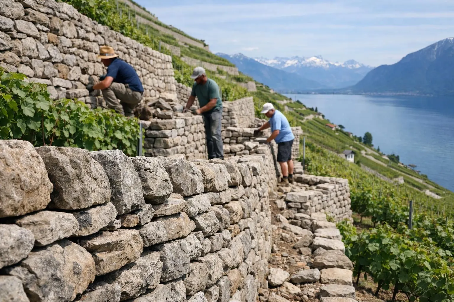 Lavaux vineyard terraces with traditional dry stone retaining walls cascading down hillside toward Lake Geneva, workers maintaining stone structures among grapevines, alpine peaks visible in background, authentic Swiss viticulture setting without text or labels