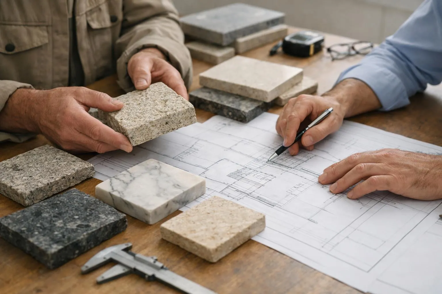 Professional stone specialist in modern showroom consulting with architect reviewing large stone samples and technical drawings on wooden table, natural daylight, collaborative discussion atmosphere, focus on material textures and project documentation