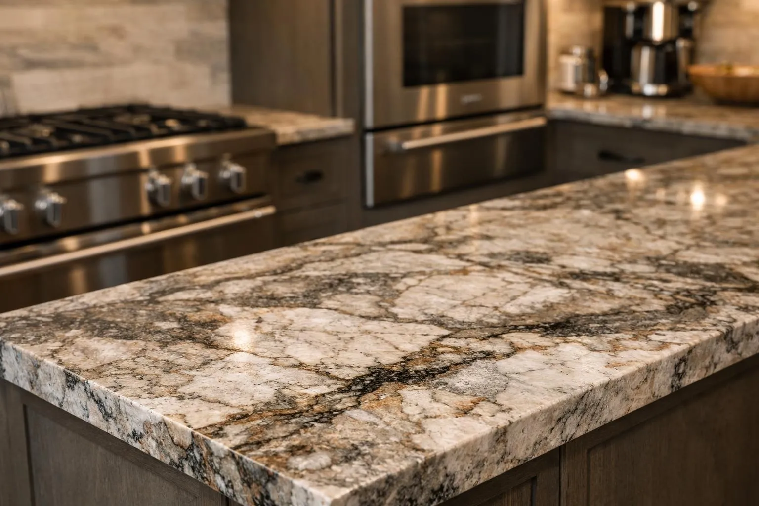 A luxurious Swiss kitchen interior showcasing a large granite or quartzite natural stone countertop island with visible mineral patterns, professional-grade stainless steel appliances in background, warm ambient lighting highlighting the stone's texture and durability, modern cabinetry, realistic architectural photography style, no text or labels visible