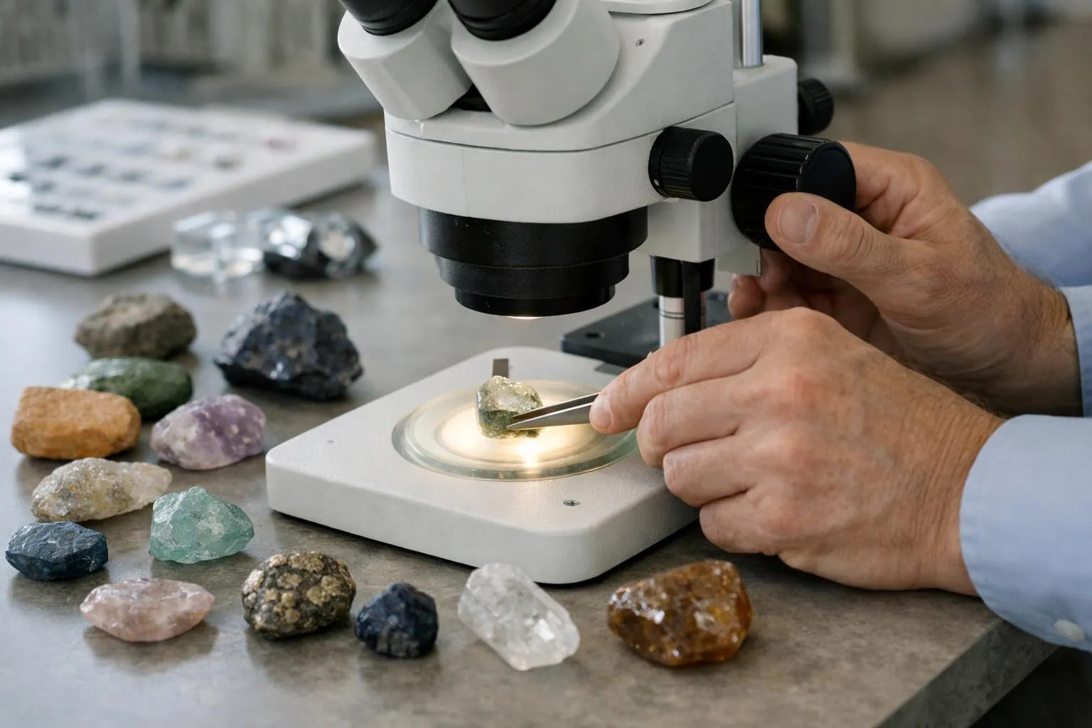 Expert en laboratoire analysant des échantillons de pierre naturelle avec microscope et instruments de mesure de porosité, environnement professionnel avec pierres de différentes qualités disposées sur une table de travail technique