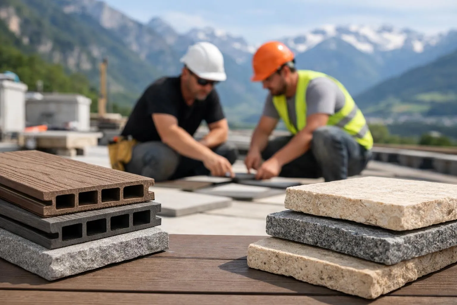 Close-up comparison of composite decking material next to natural stone slabs on a Swiss construction site, showing texture differences and surface uniformity, workers examining material samples on outdoor terrace with Alpine mountains in background, professional construction setting in bright daylight