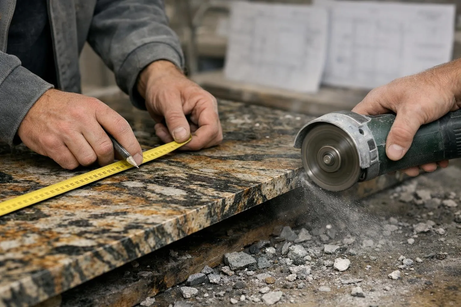 Artisan marbrier professionnel en atelier mesurant et découpant une dalle de granit exotique avec équipements de précision, éclats de pierre au sol, plans techniques visibles en arrière-plan