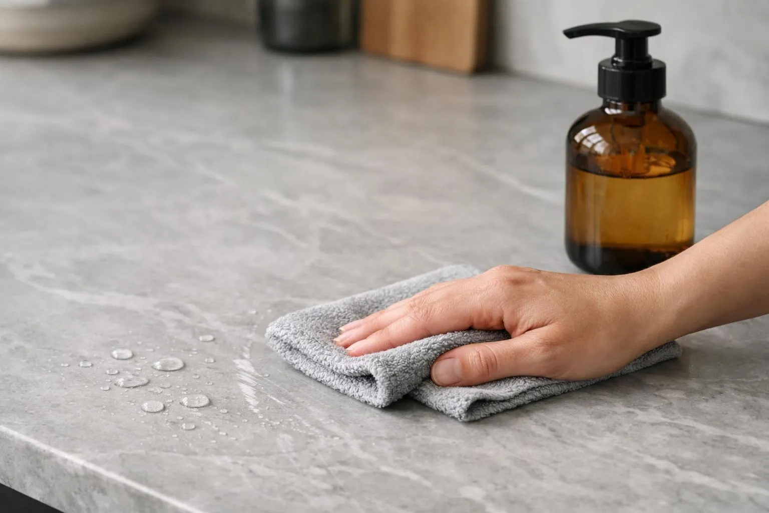 Gros plan sur une main tenant un chiffon microfibre blanc nettoyant délicatement un plan de travail en marbre veiné gris clair dans une cuisine moderne suisse, avec à côté un flacon de savon naturel transparent et quelques gouttes d'eau, éclairage doux mettant en valeur la texture de la pierre, sans aucun texte ni étiquette visible