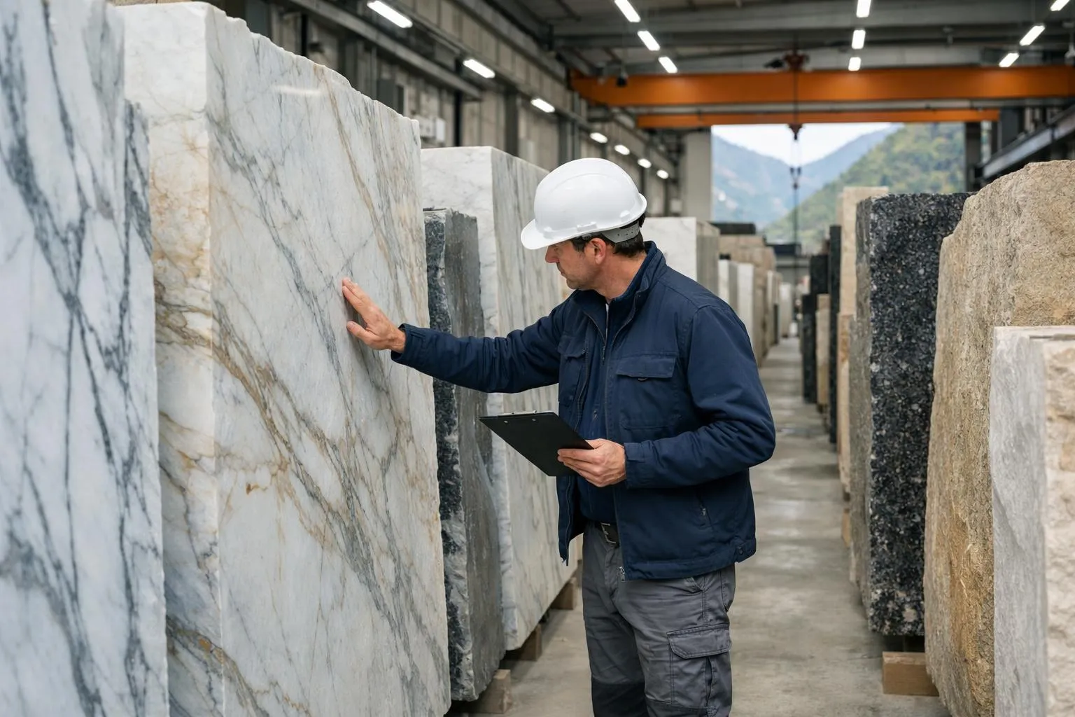 Professional stone warehouse in Switzerland showing massive marble and granite slabs stored vertically in rows, with a quality inspector examining the natural veining patterns and color variations on raw stone slabs under industrial lighting, no text visible