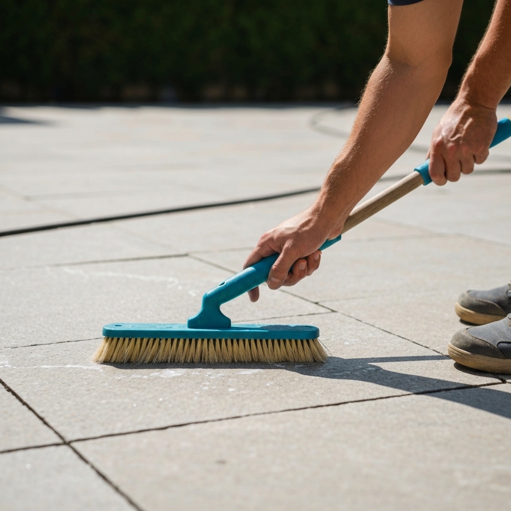 Professionnel appliquant une solution de nettoyage spécialisée sur une terrasse en pierre naturelle à l'aide d'u...