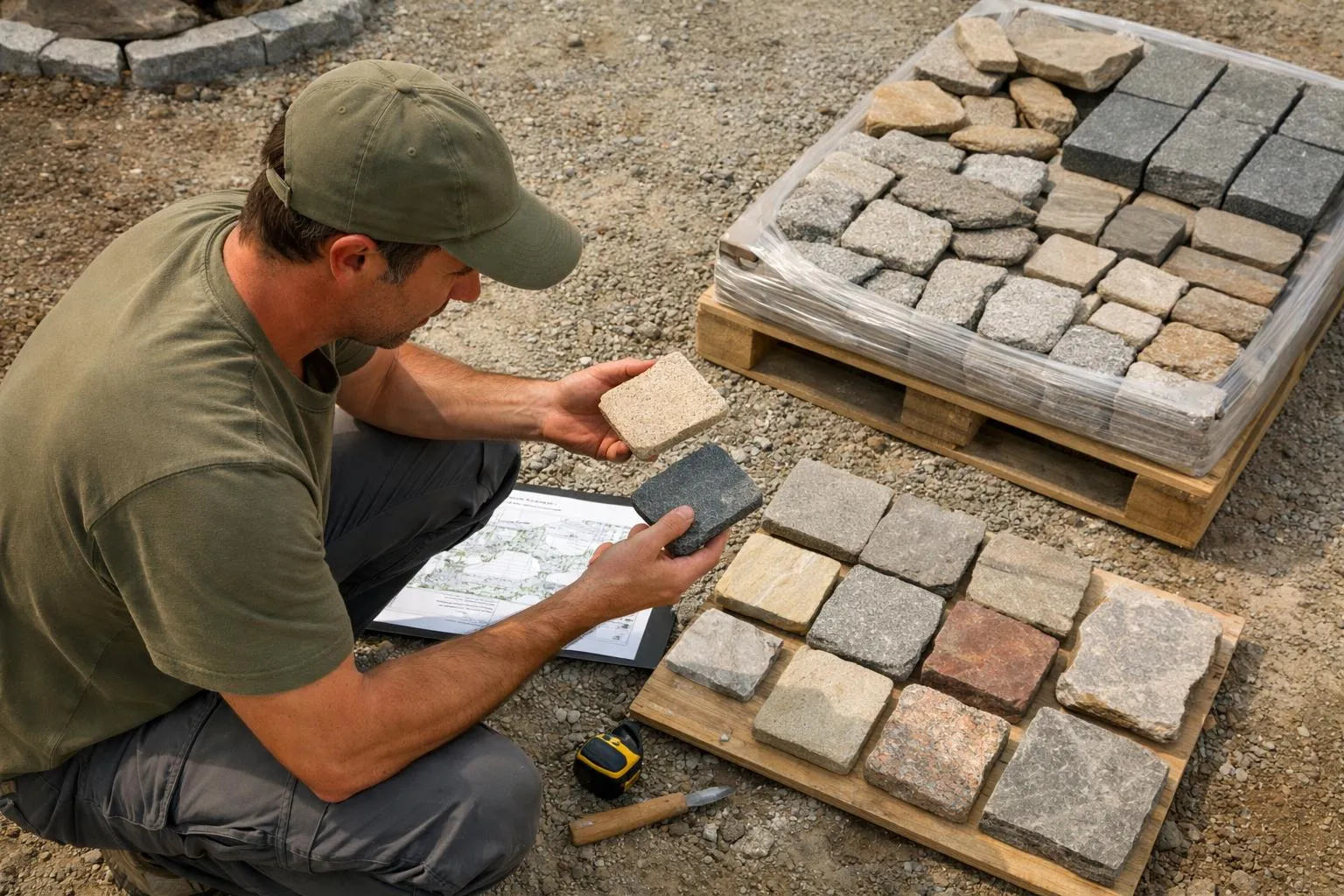 Paysagiste professionnel accroupi examinant des échantillons de dalles en pierre naturelle posés sur un sol de chantier extérieur, avec palette de pierres en arrière-plan et plans de jardin dépliés, lumière naturelle de fin d'après-midi