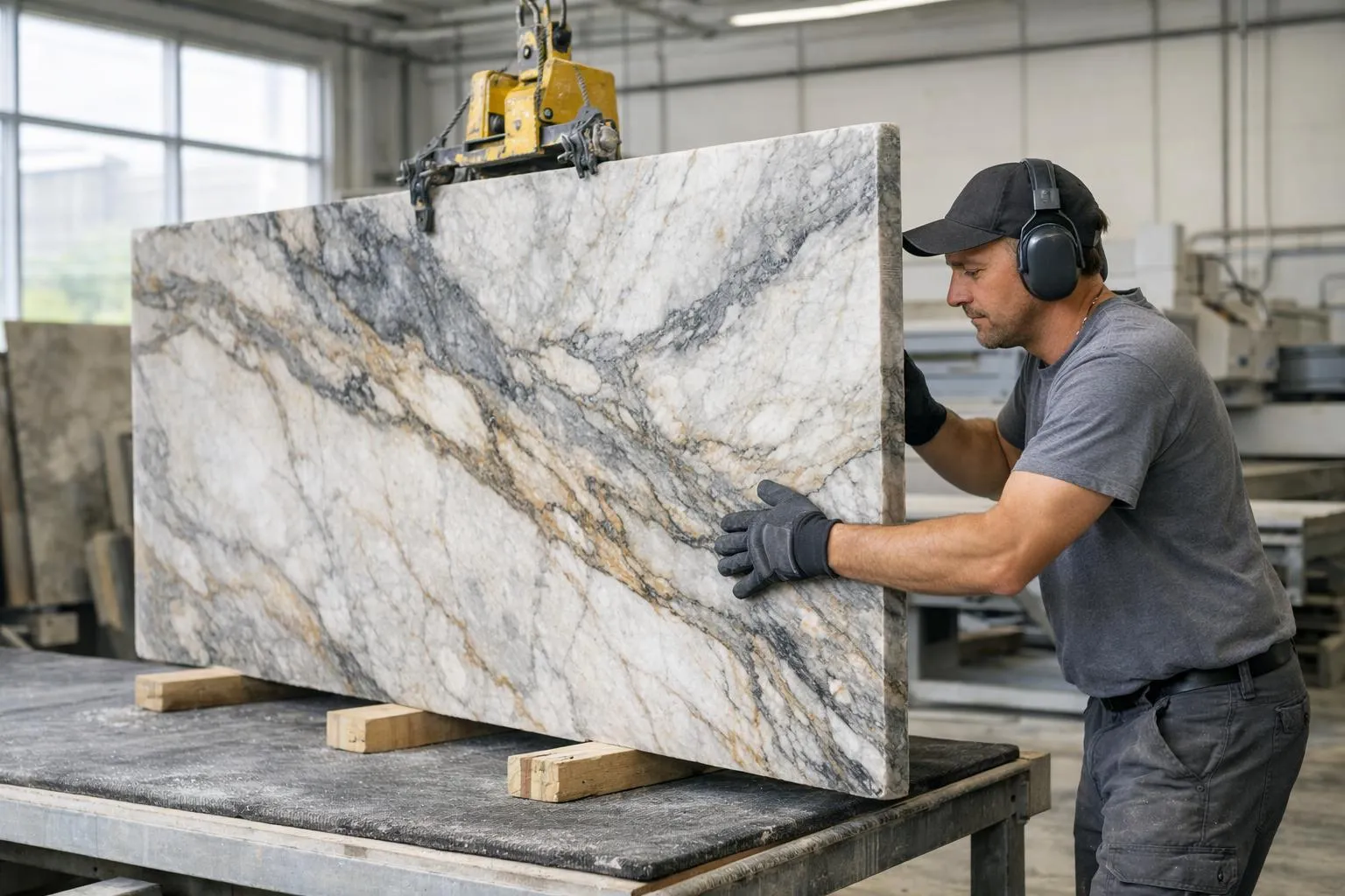 Atelier moderne de marbrier suisse avec dalles XXL de granit et marbre posées verticalement, équipement de découpe numérique, technicien manipulant grande dalle avec ventouses, lumière naturelle, espace industriel épuré