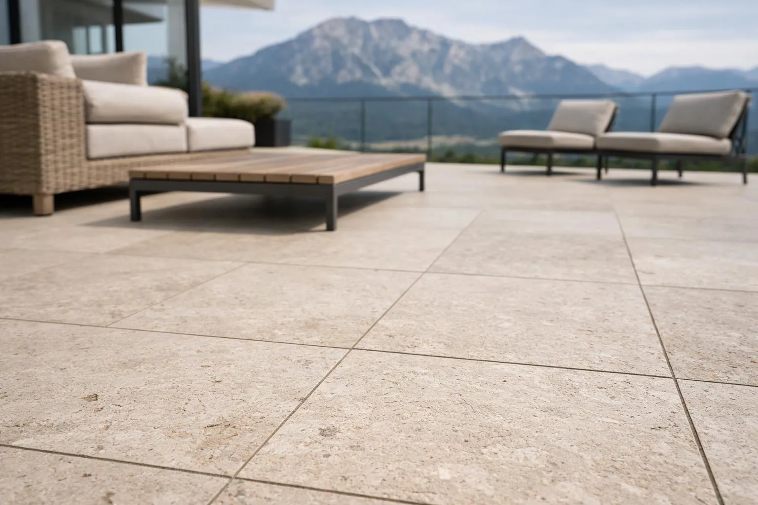 Terrasse extérieure avec mobilier de jardin et vue panoramique sur les montagnes.
