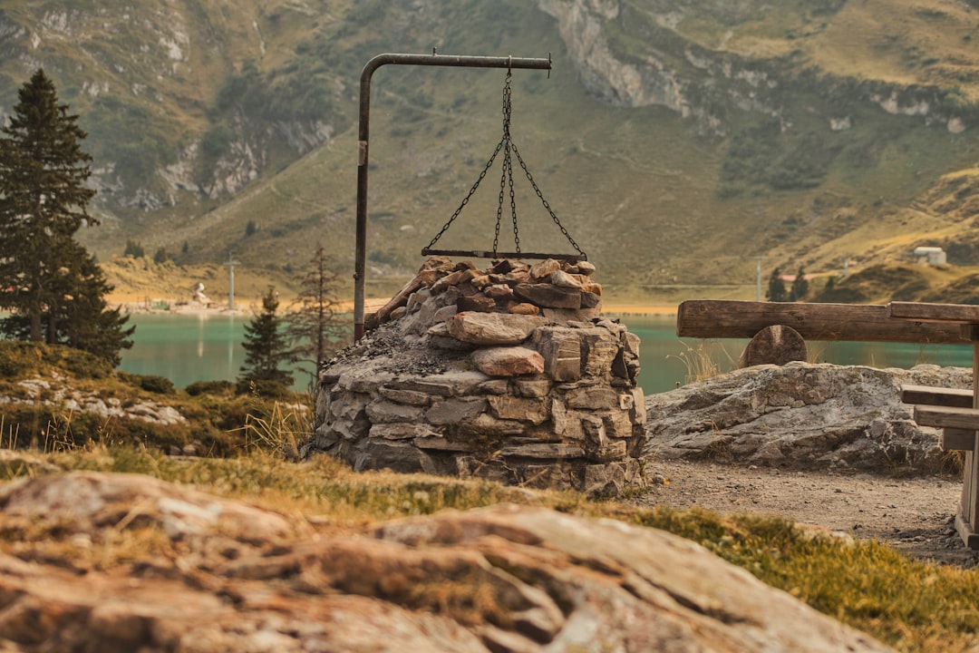 "Banc en bois sur une colline verdoyante avec pierres décoratives pour jardin suisse."