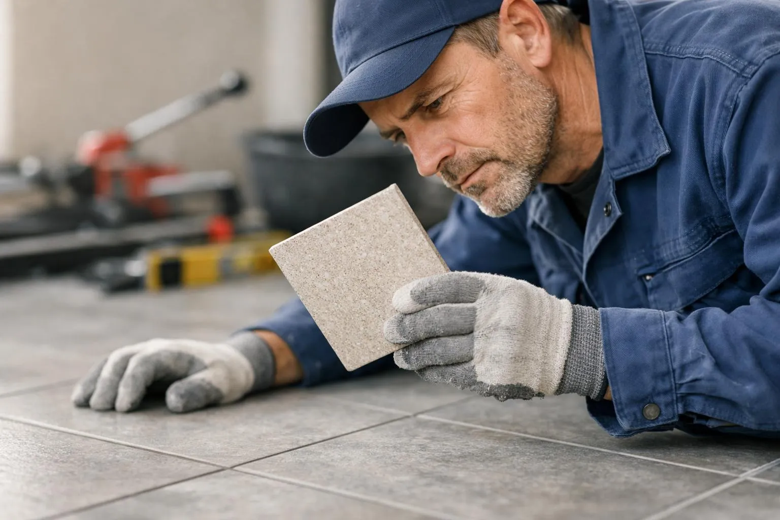"Carreleur Vaud au travail, pose de carrelage céramique, détail de la texture et de l'outillage"