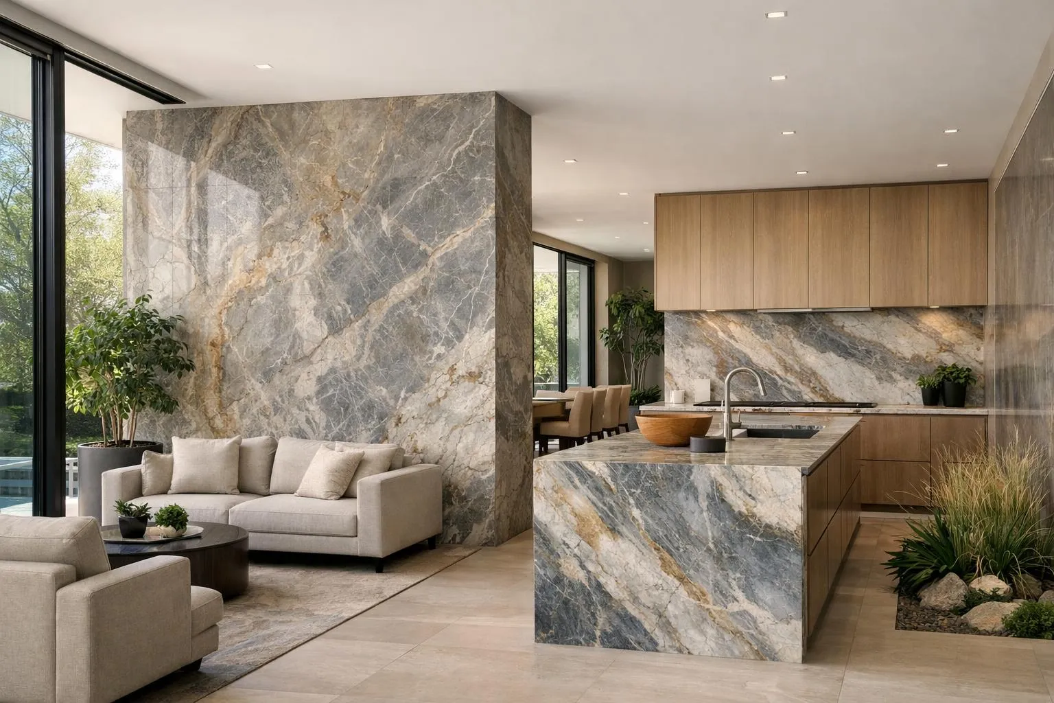 Quartzite du Brésil en décoration intérieure moderne, éléments en pierre naturelle dans un espace élégant.
