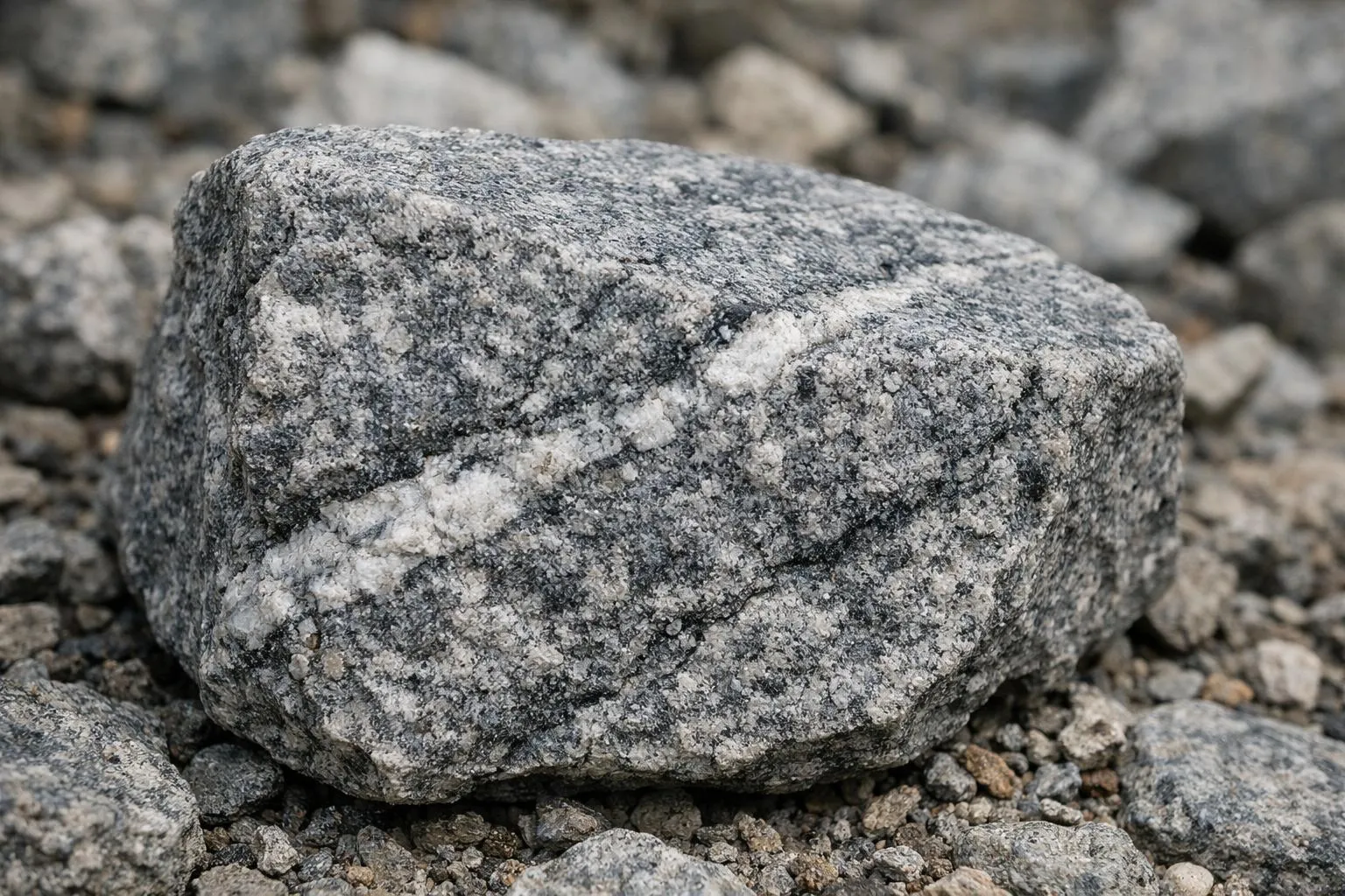 Pierre de serizzo, texture rugueuse et veines minérales apparentes.