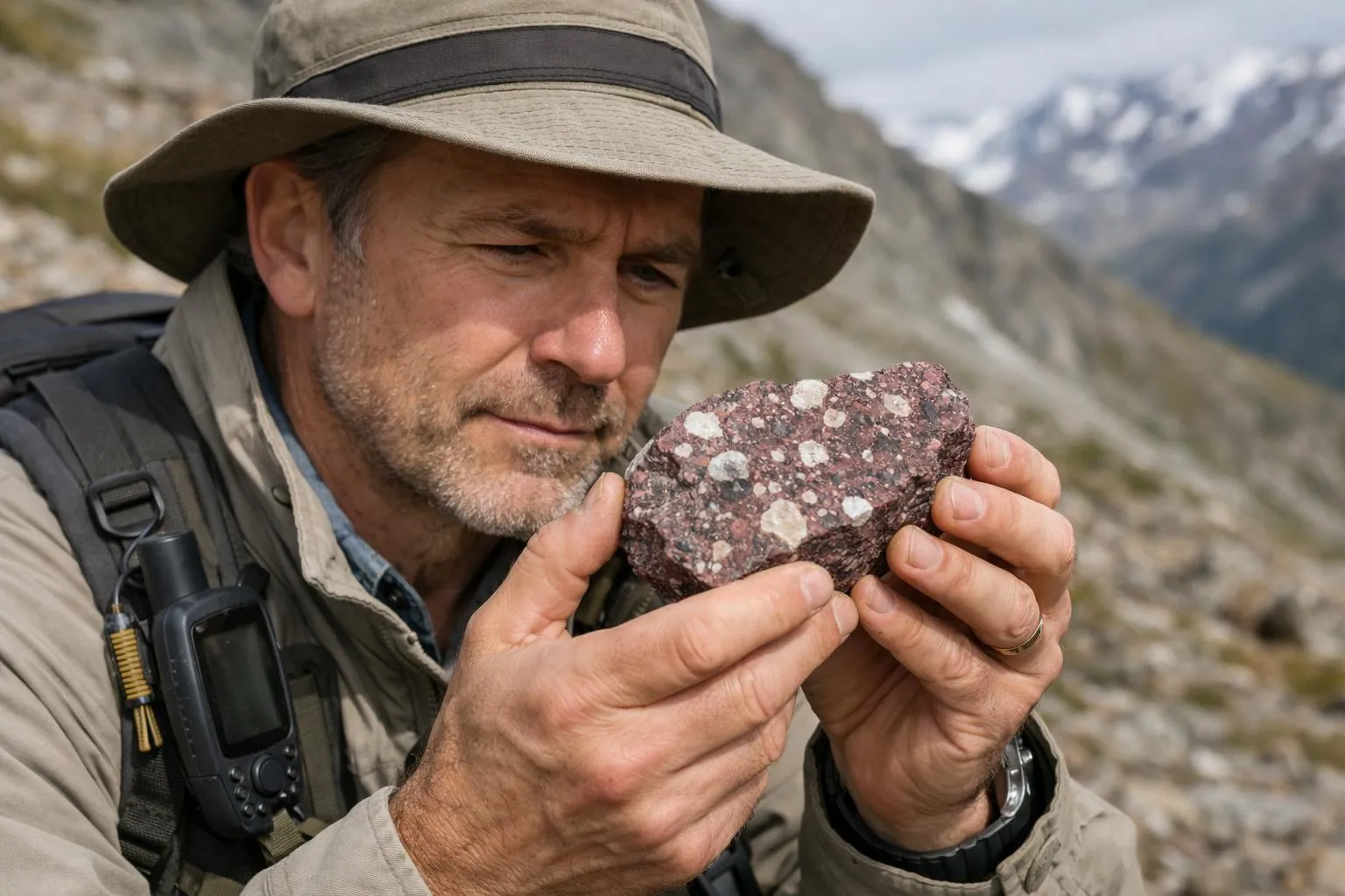 "Un géologue examine un échantillon de roche porphyre en plein air"