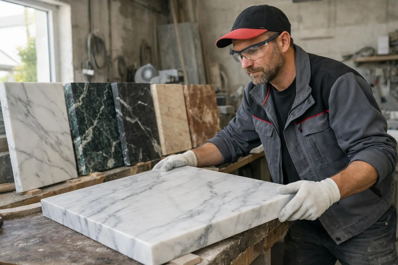Prix du marbre au m2 en Suisse, ouvrier manipulant une dalle de marbre dans un atelier de rénovation de pierre.