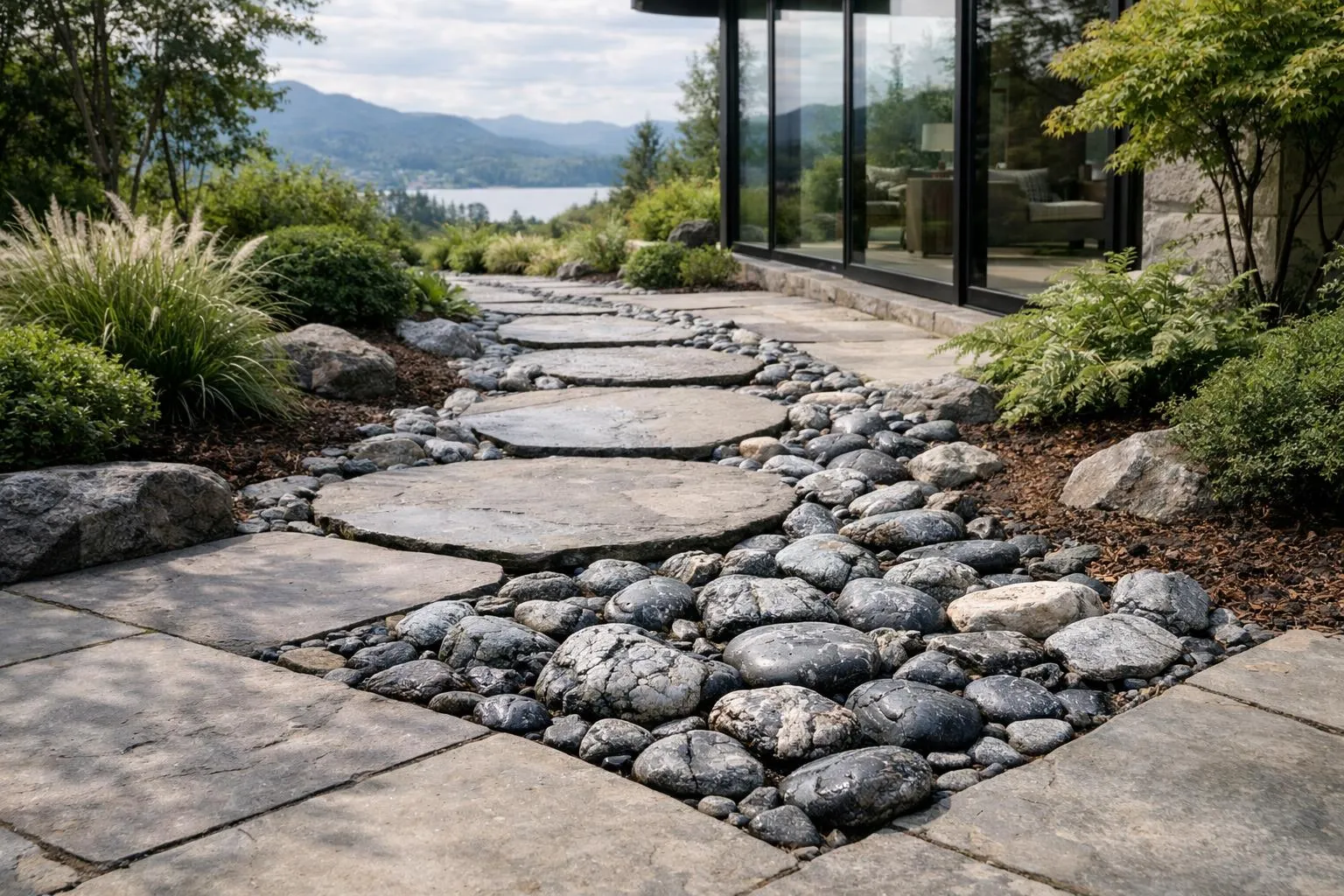 Galets clivés dans un jardin moderne, éléments de décoration naturelle pour espaces extérieurs élégants.
