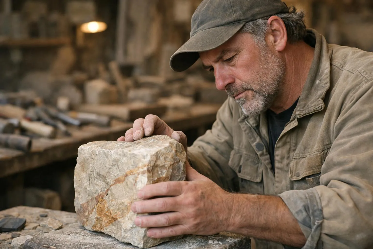 Formation technique pierre naturelle, artisan qualifié travaillant avec une pierre dans un atelier