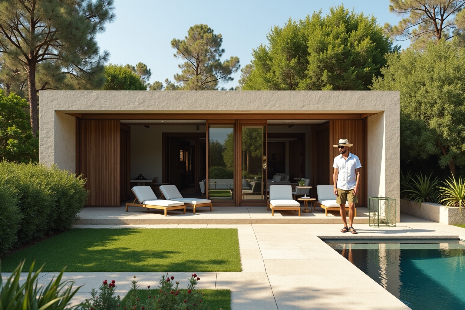 Dallage extérieur effet pierre naturelle dans un jardin moderne avec plantes luxuriantes et bassin d'eau.