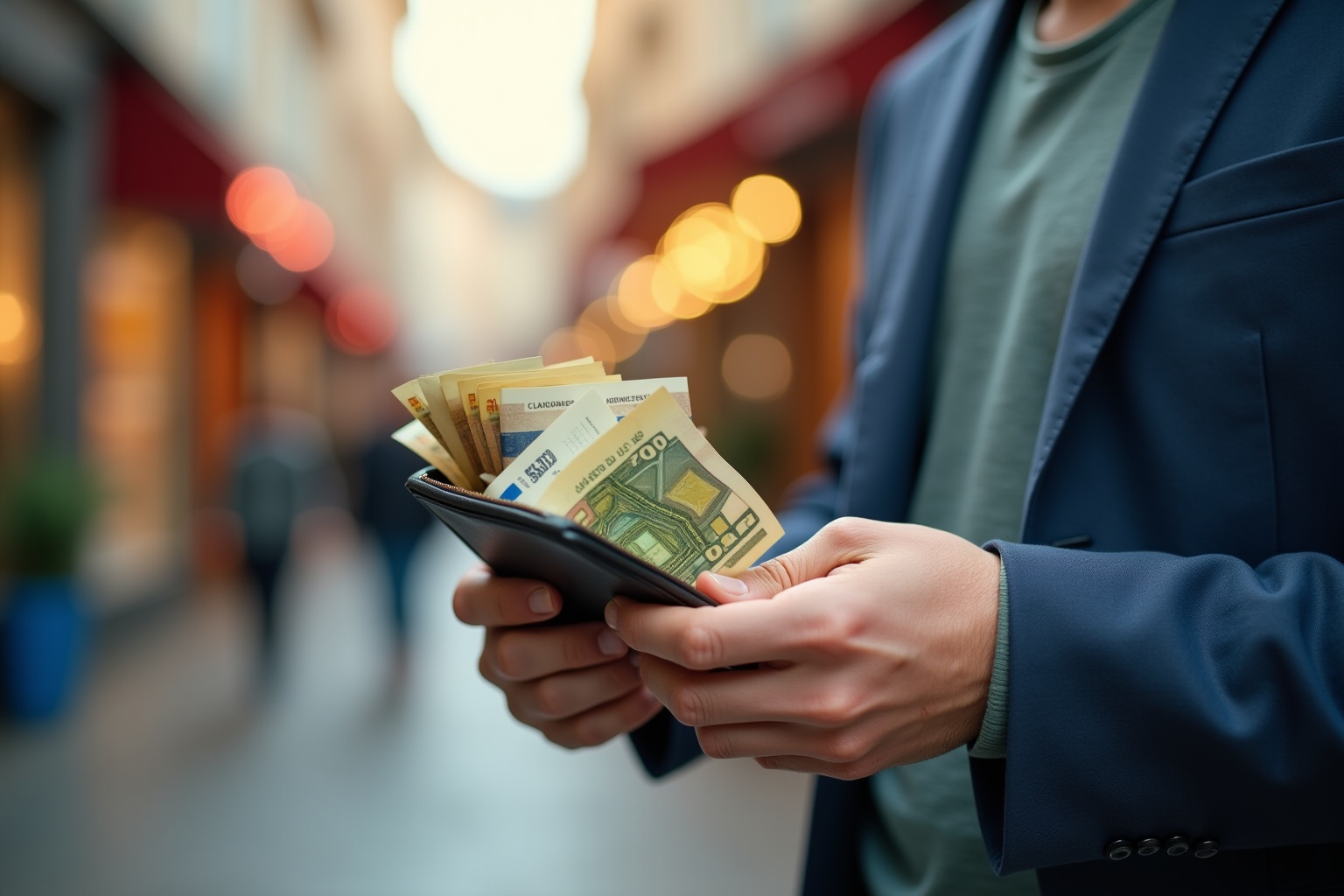 Une personne qui compte des euros dans un portefeuille, pour gérer ses dépenses quotidiennes.