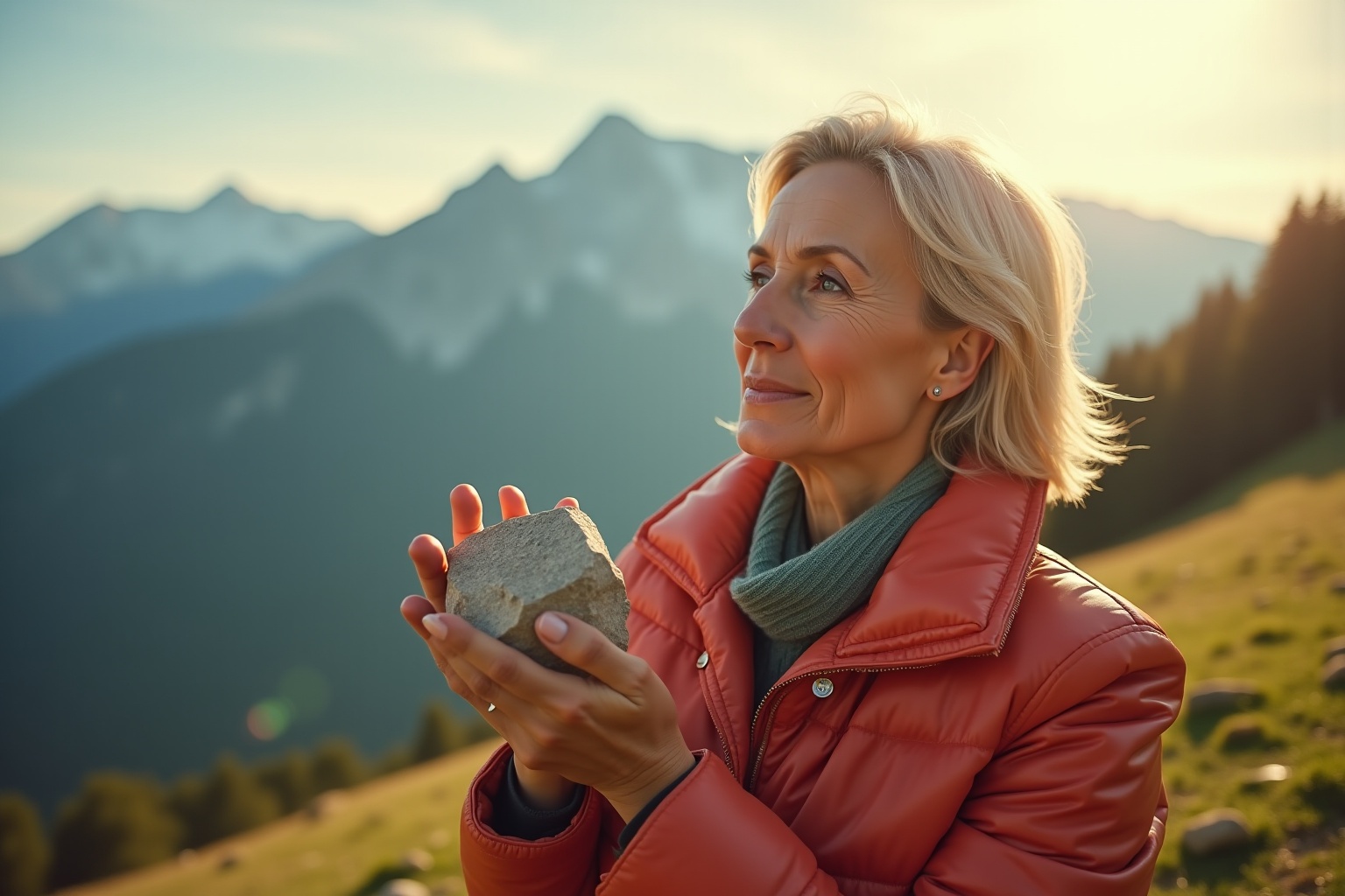 Femme tenant une pierre de calanca des Grisons dans ses mains, dans un paysage montagneux ensoleillé.