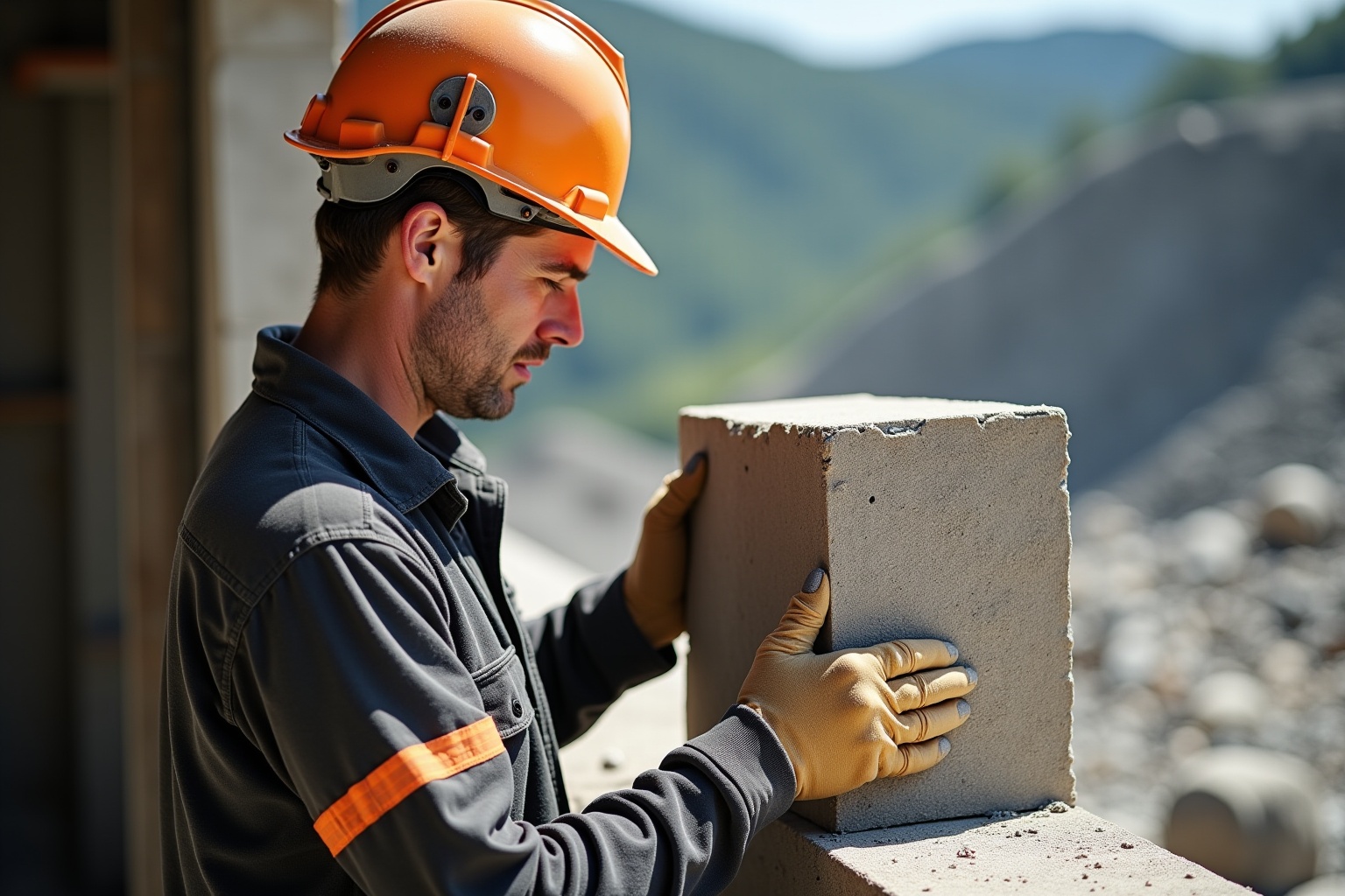 Fournisseur granit Vaud, artisan sélectionnant un bloc de granit dans une carrière