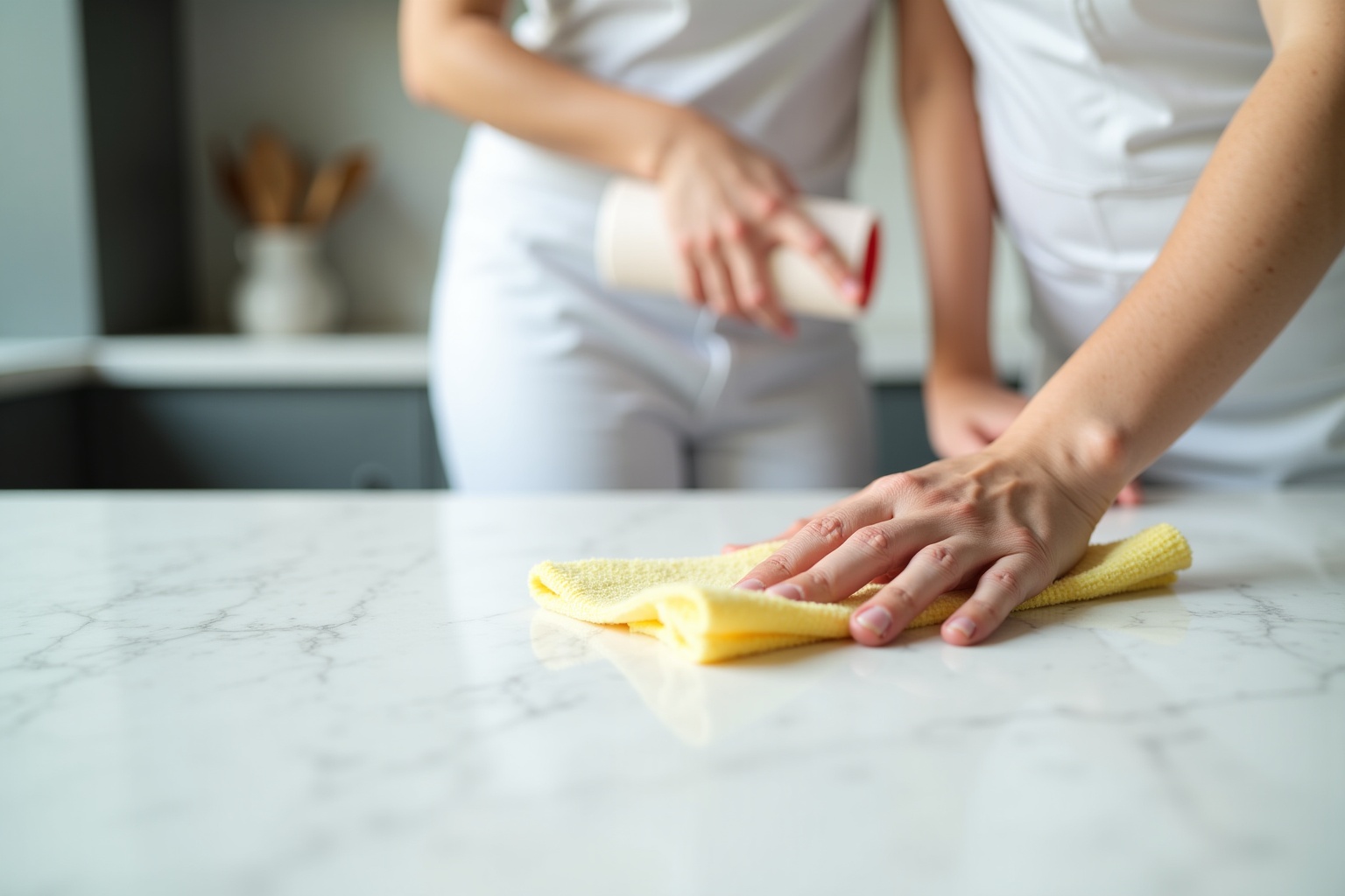 "Entretien marbre blanc cuisine : nettoyage professionnel d'une surface en marbre blanc"