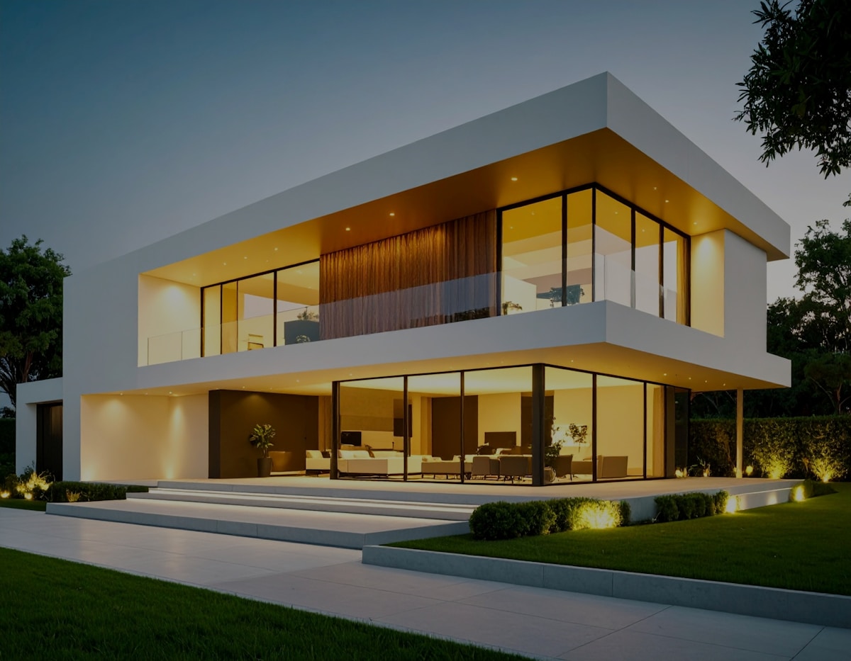 Maison moderne avec façade vitrée et éclairage extérieur.