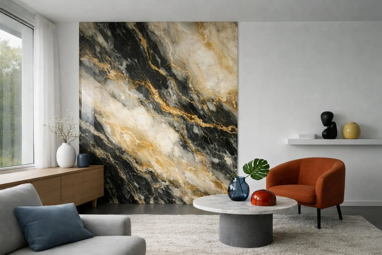 Intérieur moderne avec mur en marbre, mobilier design et décoration épurée.