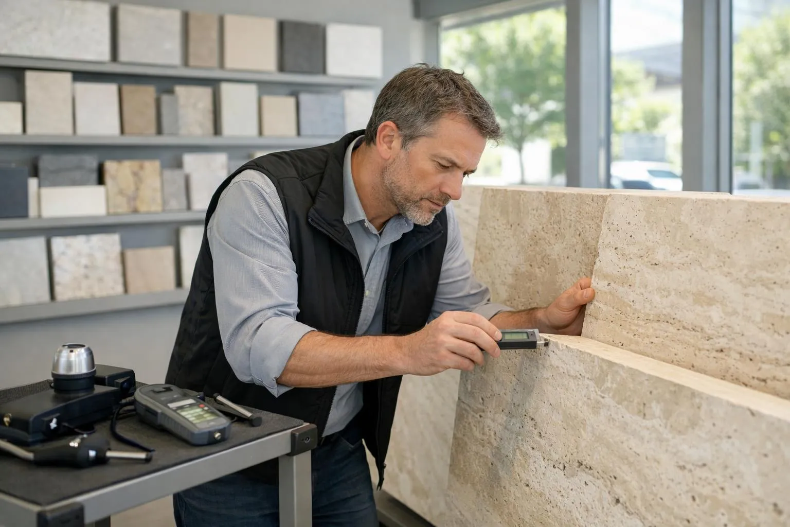Un homme d'affaires mesurant une pierre dans un showroom de matériaux de construction.