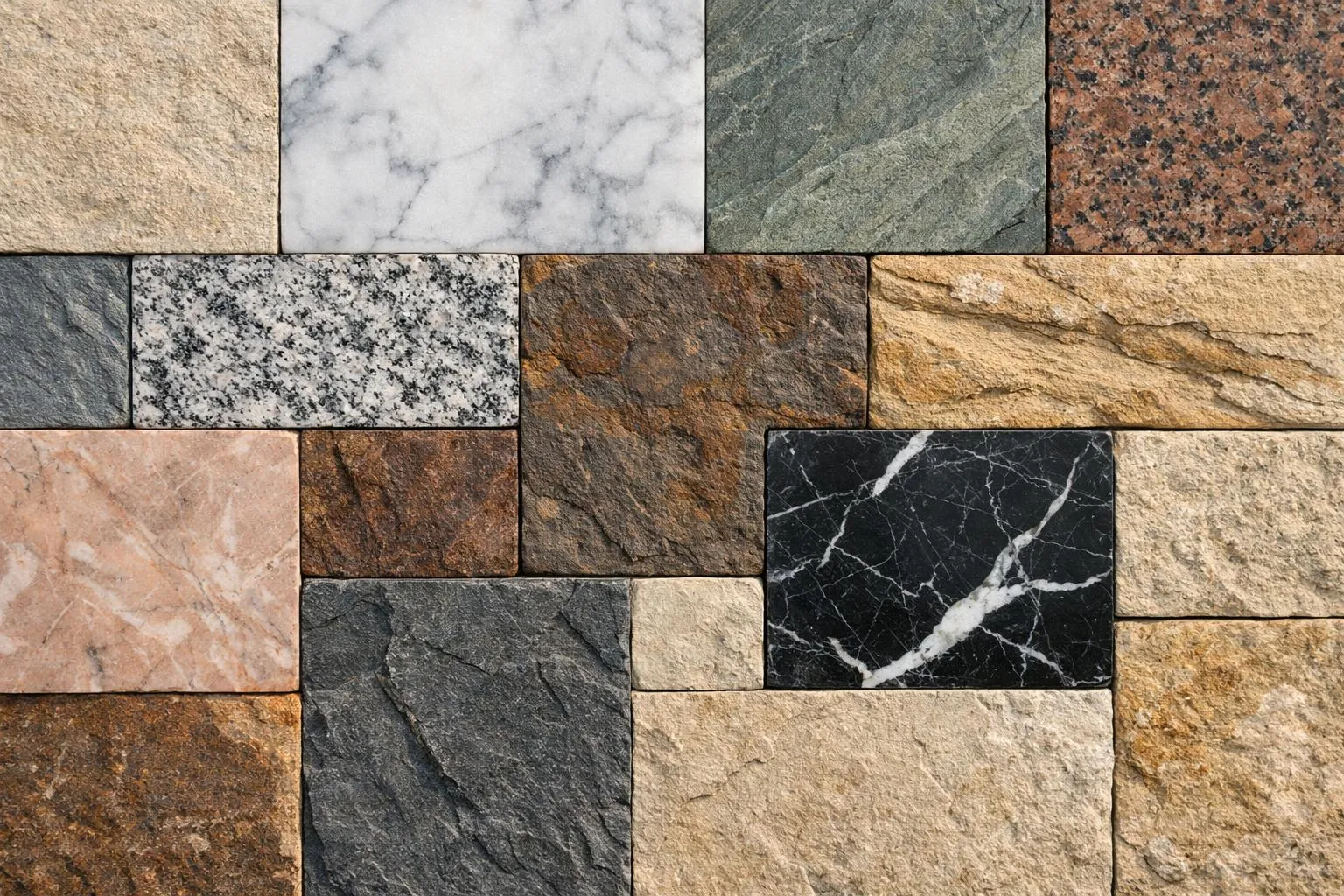 Échantillons de différents types de pierres et de marbre.
