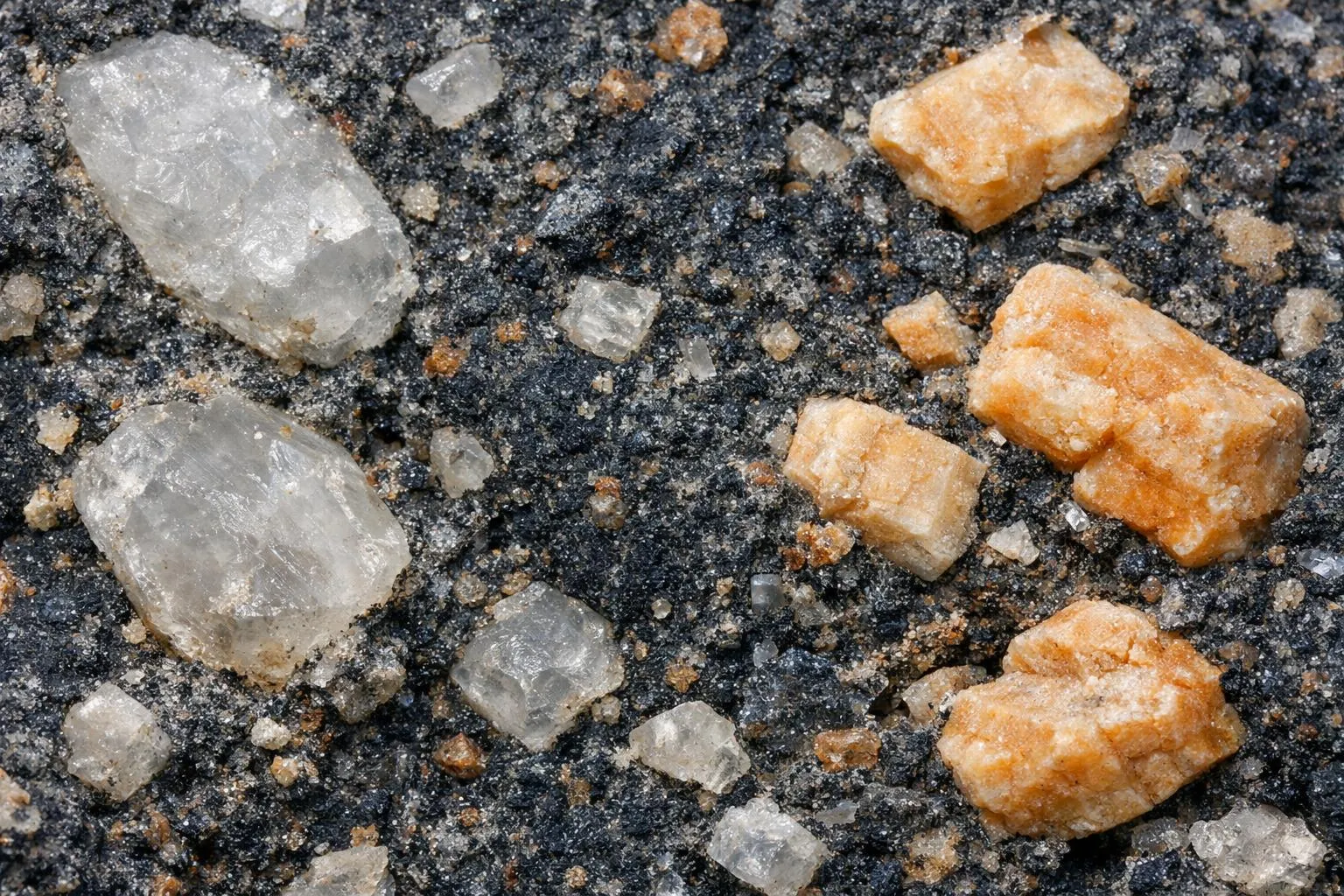 Cristaux de roche et de sucre brut sur fond sombre.